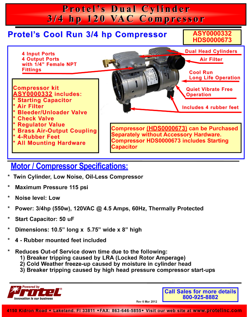 Tabbed slideshow of Protel's air vac product line of compressors, air machines, hose reels, hoses and cellular monitoring solution.