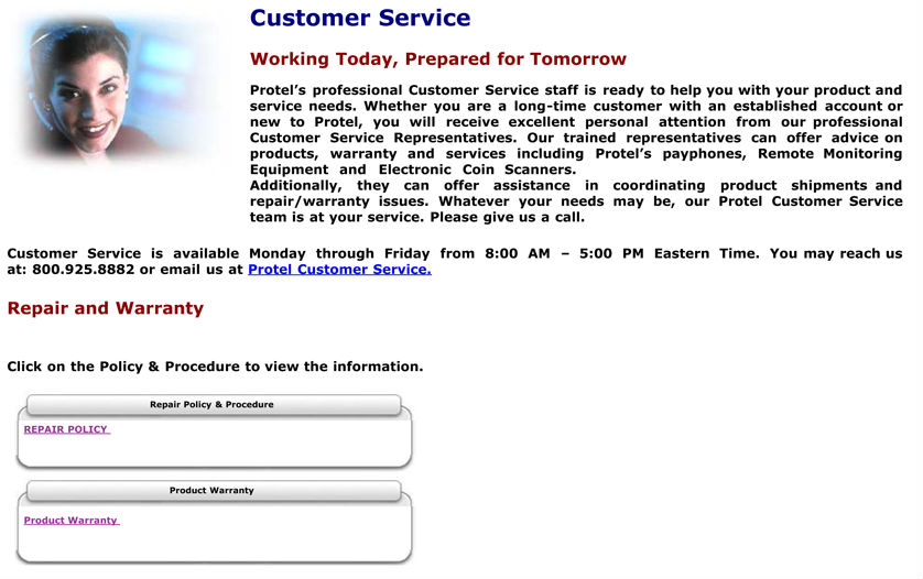 Image of Protel's warranty and repair policies.